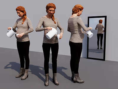 Woman Holding White Pitcher in Three Different Angles with Mirror Reflection 3d model