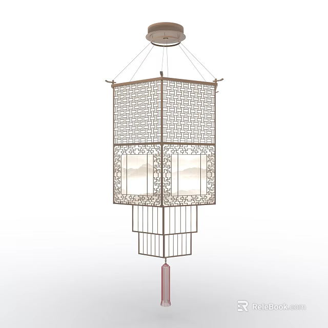 Traditional Chinese Style Chandelier With Lattice Design Landscape Painting And Tassel Decoration 3d model 