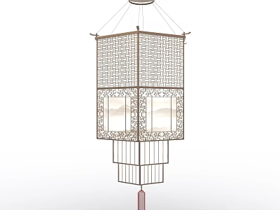 Traditional Chinese Style Chandelier With Lattice Design Landscape Painting And Tassel Decoration 3d model