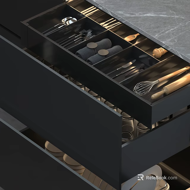 Modern Kitchen Wall Cabinets With Organized Utensil Storage And Black Drawer Design 3d model 