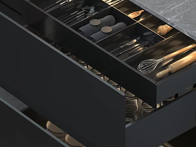 Modern Kitchen Wall Cabinets With Organized Utensil Storage And Black Drawer Design 3d model