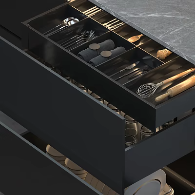 Modern Kitchen Wall Cabinets With Organized Utensil Storage And Black Drawer Design 3d model