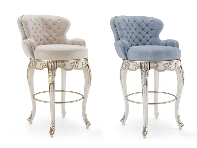 Light Gray And Blue Bar Stools With Carved Legs And Tufted Details 3d model