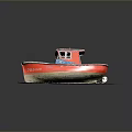 Old Red And Blue Weathered Boat Displayed On Platform With Worn Hull And Mud Stains