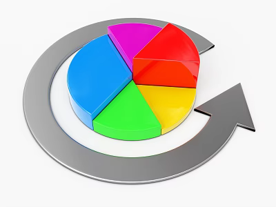 Business Equipment Featuring Colorful Pie Chart Silver Ring and Arrow for Data 3d model