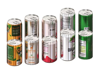Assorted Colorful Beverage Cans Featuring Different Flavors And Brand Labels 3d model