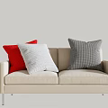 Modern Beige Two-Seater Sofa with Red White and Grey Textured Cushions and Metal Legs