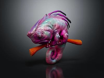 Vibrant Colored Chameleon With Unique Crested Head Curled Tail Clutching Orange Branch Shiny Iridescent Texture 3d model
