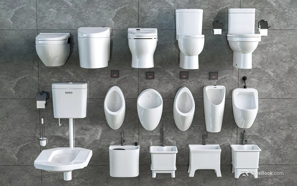 Variety of Bathroom Accessories Featuring Toilets Urinals and Wash Basins in Various Designs 3d model 