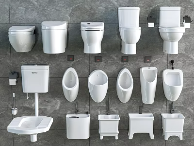 Variety of Bathroom Accessories Featuring Toilets Urinals and Wash Basins in Various Designs 3d model