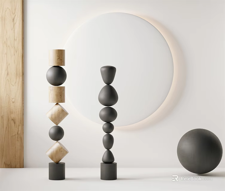 Modern Stacked Sculptures With Wooden And Black Geometric Elements For Interior Decor Featuring Circular Mirror 3d model 