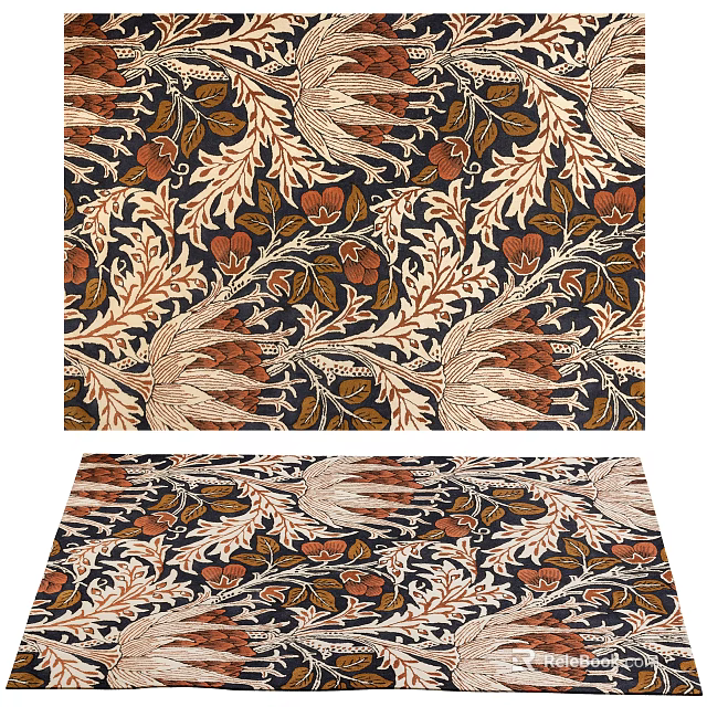 Square Rug With Floral Pattern Featuring Leaves And Orange Beige Flowers On Dark Background 3d model 