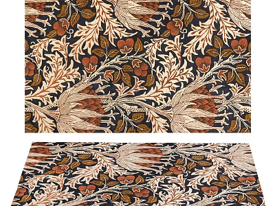 Square Rug With Floral Pattern Featuring Leaves And Orange Beige Flowers On Dark Background 3d model