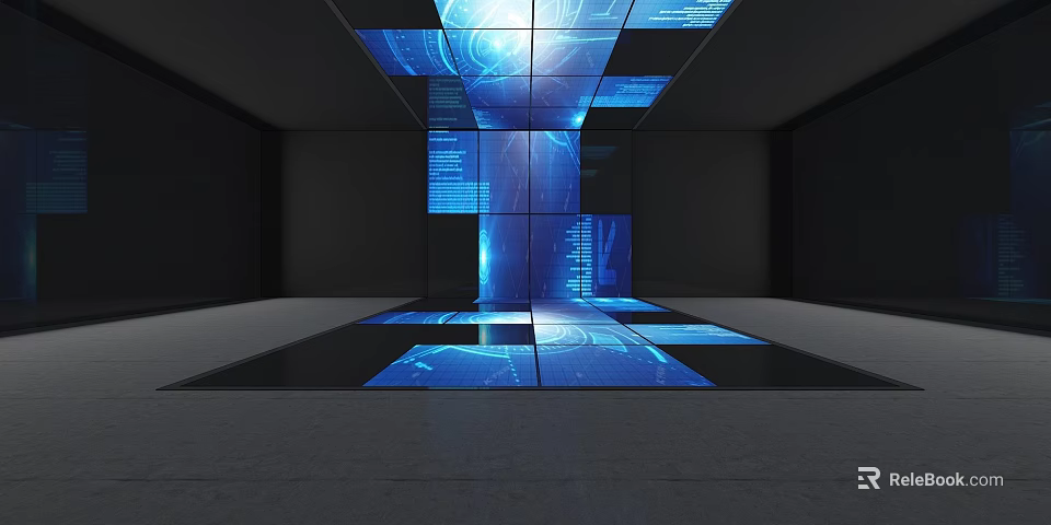 Futuristic Interior Space With Blue Glowing Digital Screens And Interactive Display Panels 3d model 