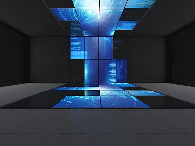 Futuristic Interior Space With Blue Glowing Digital Screens And Interactive Display Panels 3d model