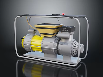 Industrial Air Compressor With Metal Frame Yellow Motor And Red Control Button 3d model