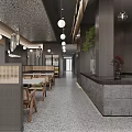 Elegant Modern Restaurant Interior With Marble Counter Wooden Tables Large Windows And Chandeliers