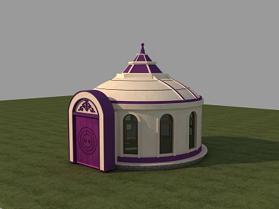 White And Purple Yurt With Arched Door And Windows On Green Grassy Field 3d model