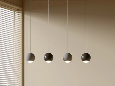 Four Modern Spherical Pendant Lights Hanging In Interior With Light Colored Wall And Window Blinds 3d model