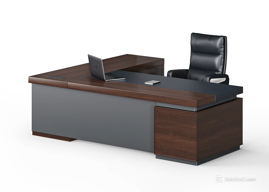 Modern Wooden Office Desk With Laptop And Black Leather Chair On Spacious Top 3d model 