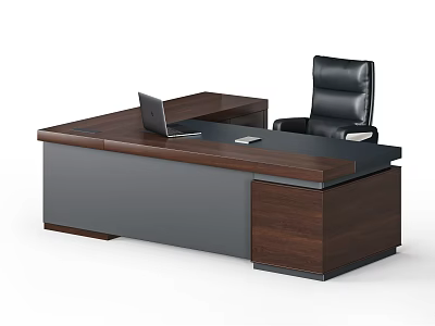 Modern Wooden Office Desk With Laptop And Black Leather Chair On Spacious Top 3d model
