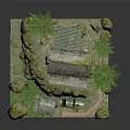 Cartoon Scene Featuring Small Cottage Windmill Pine Trees American Flag Green Train Rocks and Grass