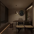 Chinese Style Tea Room Interior With Wooden Table Shelves And Pendant Lights