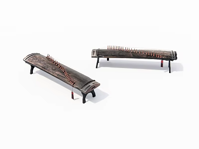 Two Traditional Chinese Guzheng Musical Instruments On Black Stands White Background 3d model