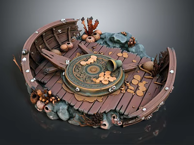 Vintage Wooden Boat Decorative Scene With Bronze Bell Gold Coins And Coral 3d model