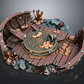 Vintage Wooden Boat Decorative Scene With Bronze Bell Gold Coins And Coral