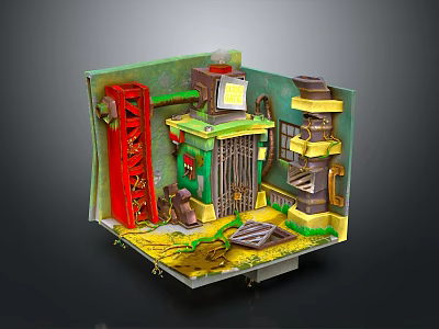 Detailed Miniature Architectural Model With Green Walls Red Framework Yellow Floor And Staircase 3d model