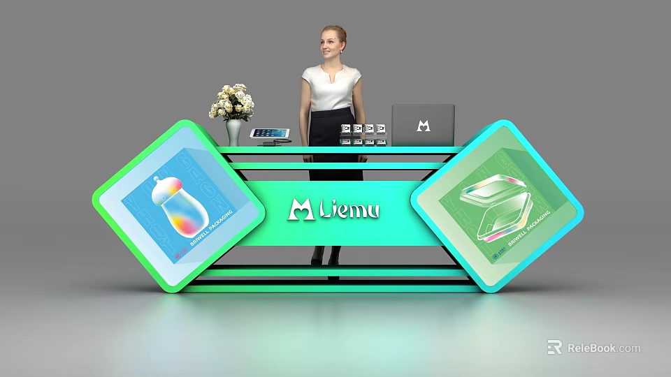 Modern Miena Reception Desk With Green And Blue Design White Flower Bouquet Digital Display Screens 3d model 
