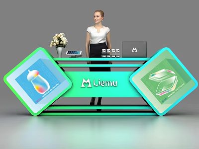 Modern Miena Reception Desk With Green And Blue Design White Flower Bouquet Digital Display Screens 3d model