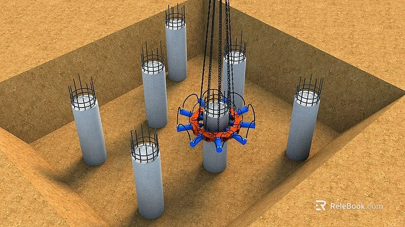Industrial Equipment for Foundation Construction Featuring Reinforced Steel Cages and Concrete Piles 3d model 