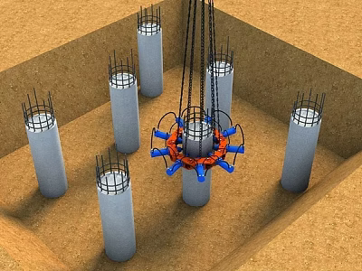 Industrial Equipment for Foundation Construction Featuring Reinforced Steel Cages and Concrete Piles 3d model