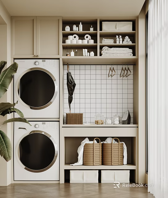 Home Balcony with Stacked Washing Machines White Tiled Wall Hanging Hooks Shelves and Wicker Baskets 3d model 