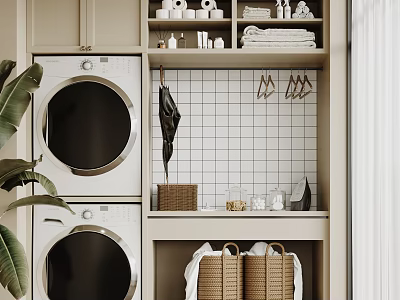 Home Balcony with Stacked Washing Machines White Tiled Wall Hanging Hooks Shelves and Wicker Baskets 3d model