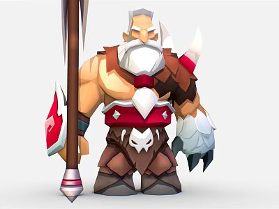 Cartoon Warrior With White Beard Muscular Build Spear Red White Armor Arm Guards Skull Decoration 3d model