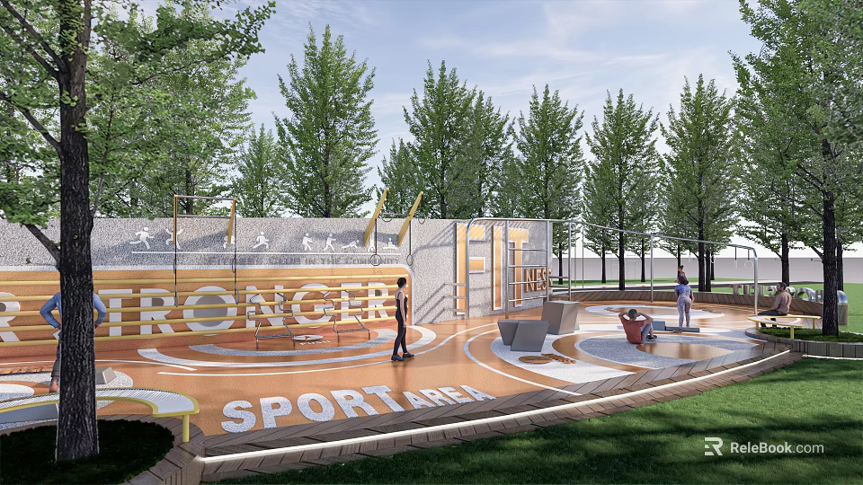 Park Landscape With Sports Area Tall Trees People Exercising Design And Green Lawn 3d model 