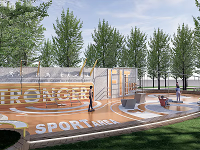 Park Landscape With Sports Area Tall Trees People Exercising Design And Green Lawn 3d model