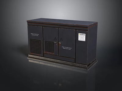 Dark Colored Metal Equipment Cabinet With Double Doors Ventilation Grilles And Warning Labels 3d model