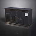 Dark Colored Metal Equipment Cabinet With Double Doors Ventilation Grilles And Warning Labels
