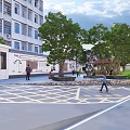 Modern Rural Village Landscape With White Buildings Trees Lawn Road Pedestrians And Cars