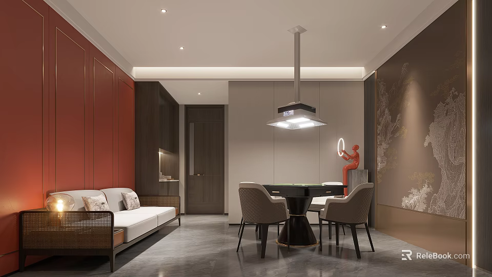 Elegant Hotel Mahjong Room Interior Design With Red Walls Sofa Chairs And Pendant Light 3d model 