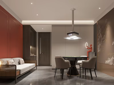 Elegant Hotel Mahjong Room Interior Design With Red Walls Sofa Chairs And Pendant Light 3d model