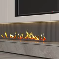 Modern Linear Fireplace With Flames Grey Striped Wall Marble Base Living Room Interior 3d model