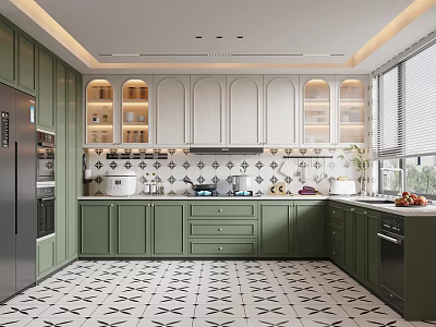 Modern Kitchen Interior With Green Cabinets Black White Tile Floor And Appliances Windows 3d model