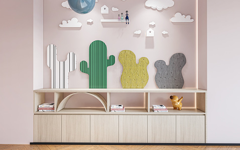 Modern Storage Cabinet Children's Storage Cabinet Wall Cabinet Children's Bookcase Children's Decorative Cabinet Cartoon Background Wall Cactus Background Wall 3d model