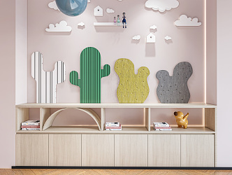 Modern Storage Cabinet Children's Storage Cabinet Wall Cabinet Children's Bookcase Children's Decorative Cabinet Cartoon Background Wall Cactus Background Wall 3d model