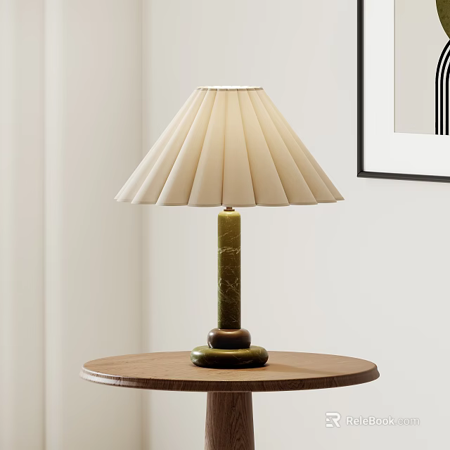 Cream Pleated Lampshade Table Lamp With Green Patterned Pillar On Wooden Round Table 3d model 